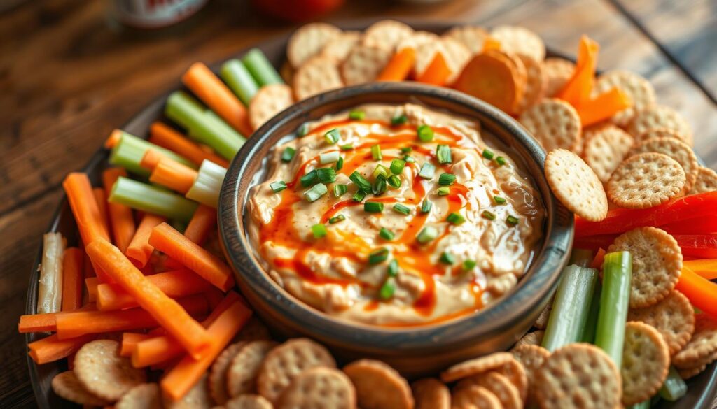 Buffalo chicken dip served with colorful vegetable dippers and crackers Buffalo chicken dip served with colorful vegetable dippers and crackers