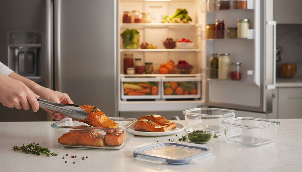 Storing glazed salmon in refrigerator containers