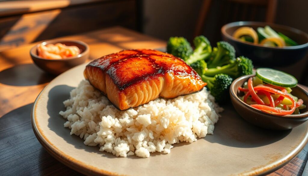 Teriyaki salmon plating with side dishes Teriyaki salmon plating with side dishes