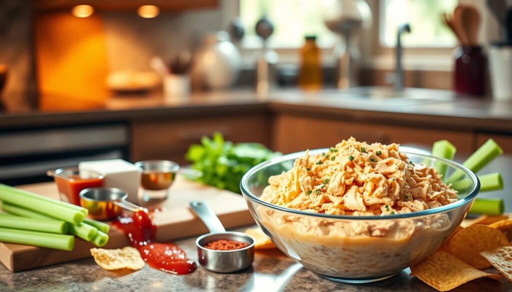 baked buffalo chicken dip preparation with Frank's sauce