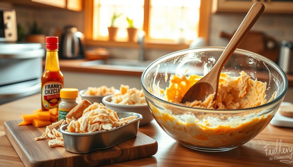baked frank's buffalo chicken dip preparation
