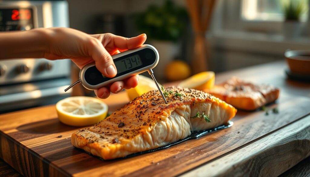 checking internal temperature of baked salmon with meat thermometer checking internal temperature of baked salmon with meat thermometer