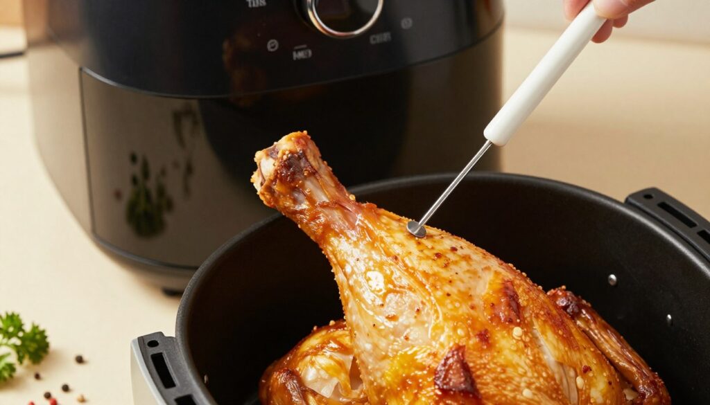 checking temperature of air fryer chicken thighs bone in with meat thermometer checking temperature of air fryer chicken thighs bone in with meat thermometer