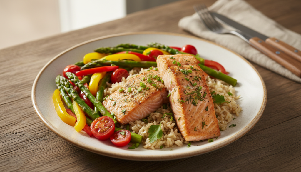 complete salmon meals with vegetables and grains complete salmon meals with vegetables and grains