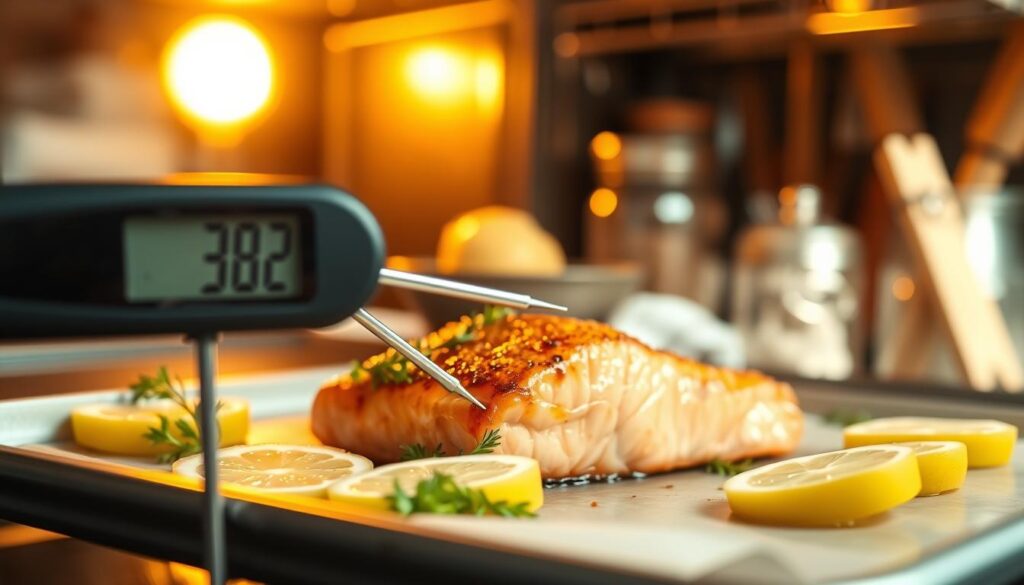 food thermometer checking salmon internal temperature during oven cooking food thermometer checking salmon internal temperature during oven cooking