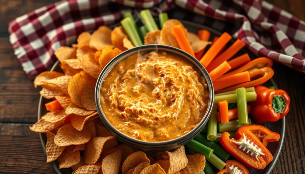 game day buffalo dip with various dippers arranged around serving bowl game day buffalo dip with various dippers arranged around serving bowl