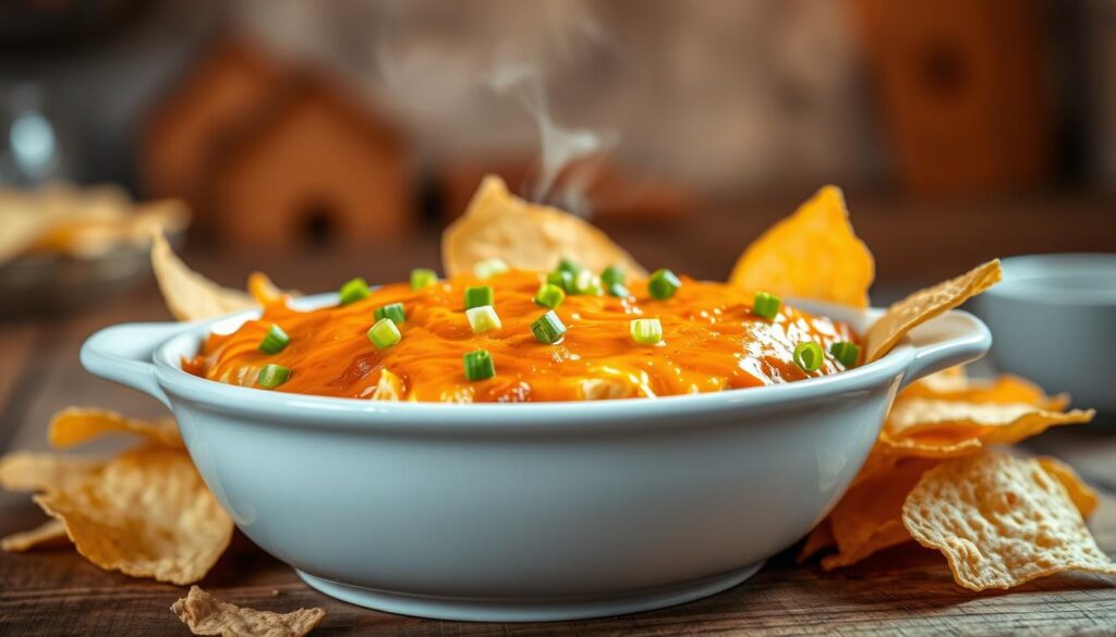 hot buffalo chicken dip served in a white bowl