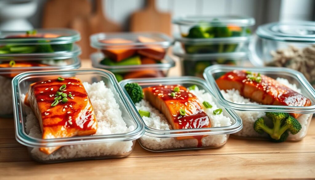 meal prep containers with teriyaki salmon meal prep containers with teriyaki salmon