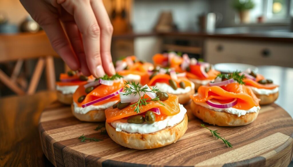 serving smoked salmon on bagels with cream cheese and toppings