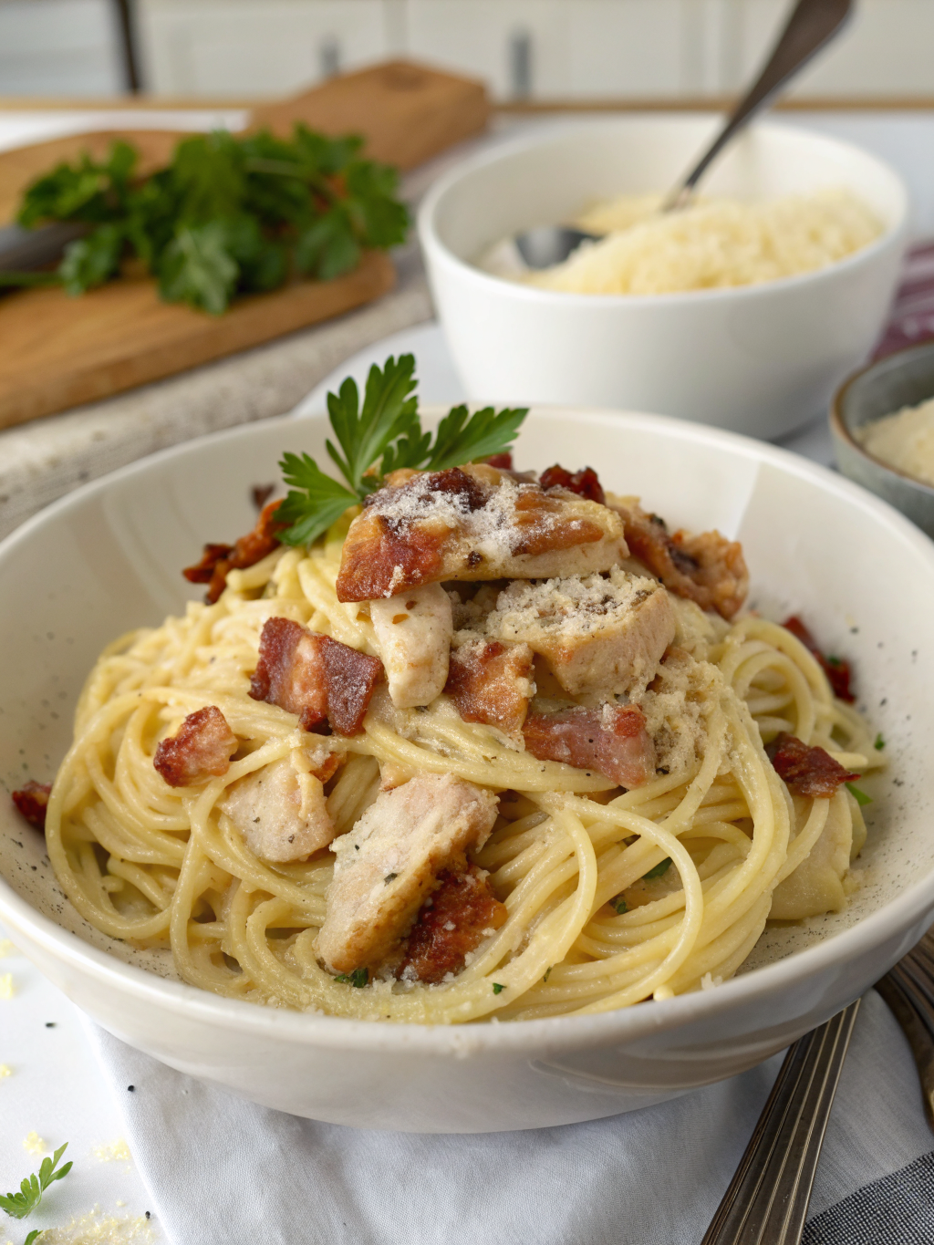 spaghetti carbonara with chicken and bacon